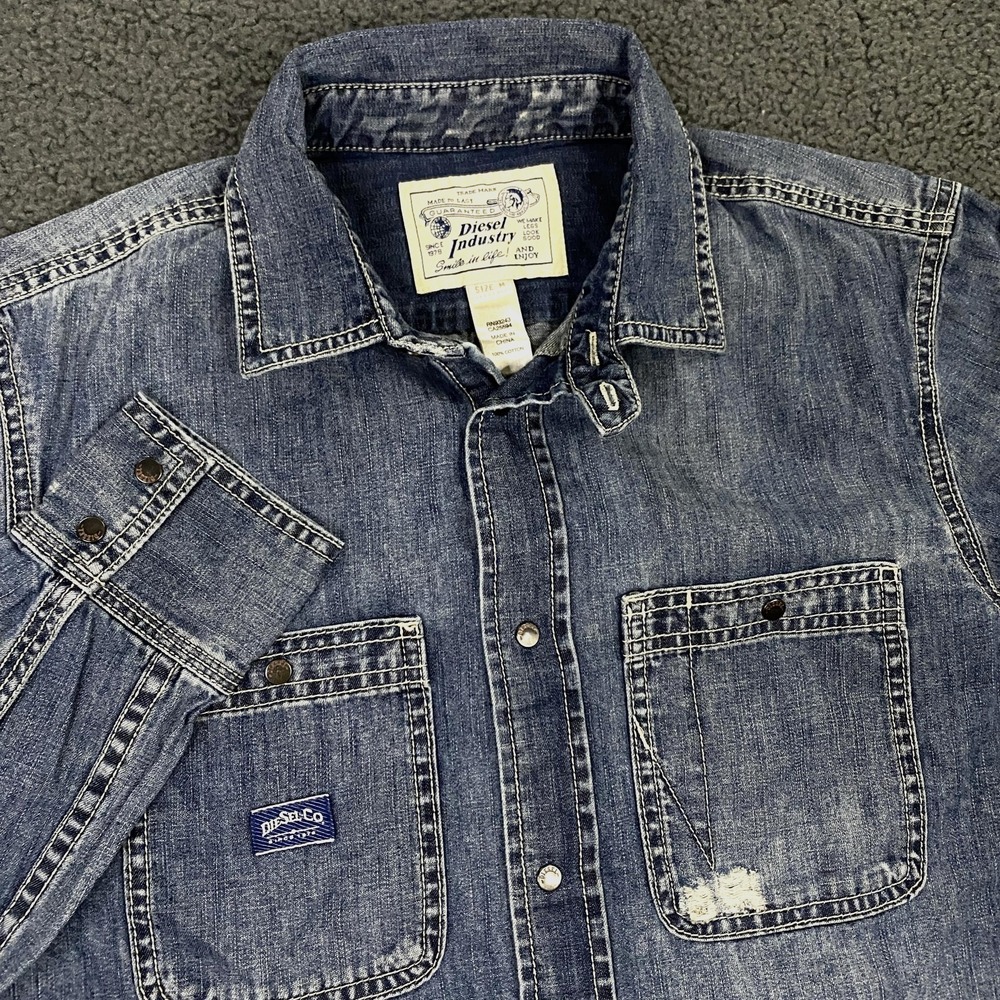 Diesel Shirt Mens Medium Blue Denim Snap Front Long Sleeve Chin Strap Utility